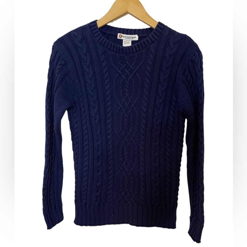Pocketfull of Posies Cable-knit Crew Neck Cotton Sweater Navy Blue Size 14